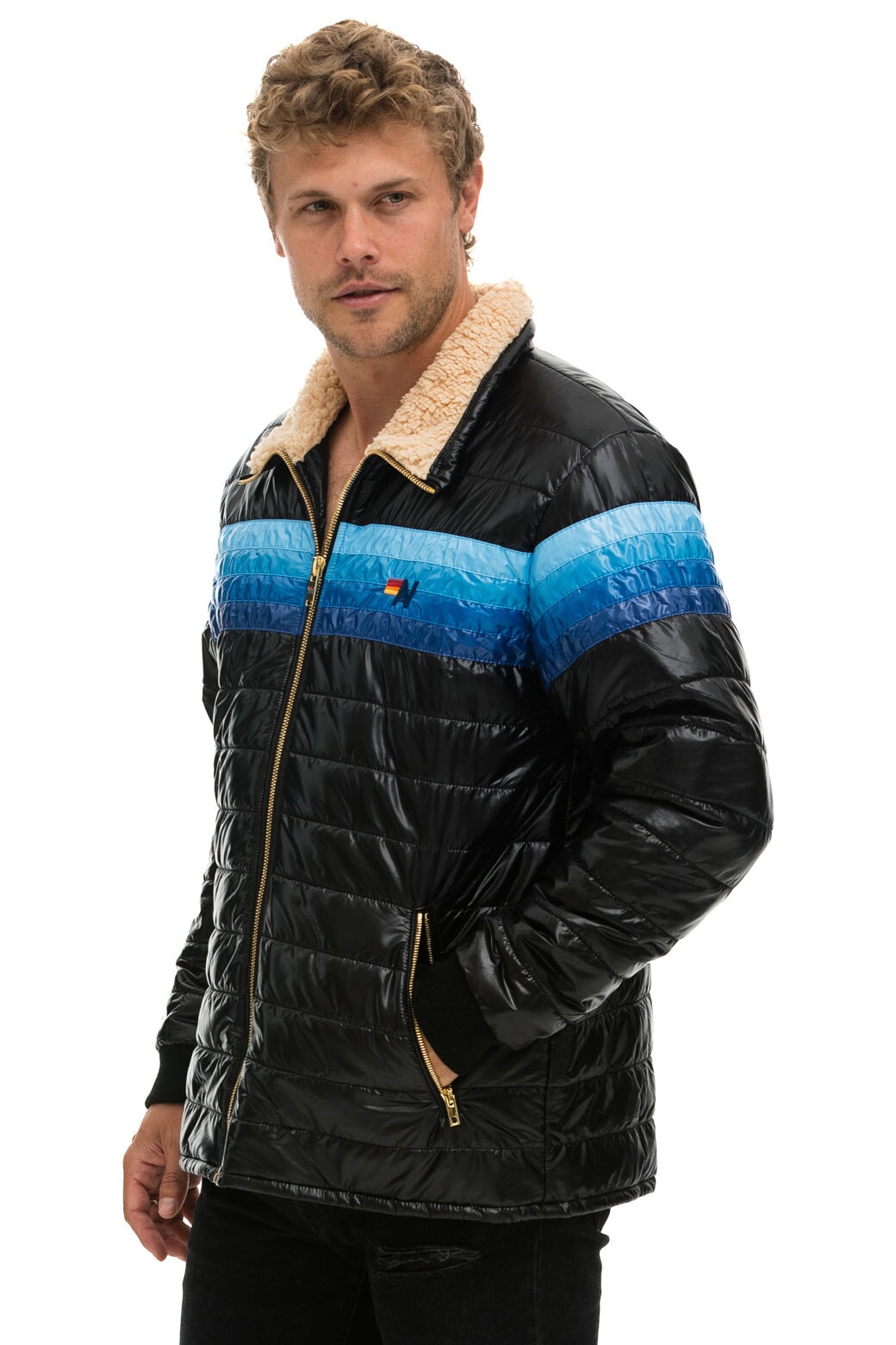 4 STRIPE RAINBOW SLEEVE JACKET - GLOSSY BLACK // BLUE Men's Outerwear Aviator Nation 