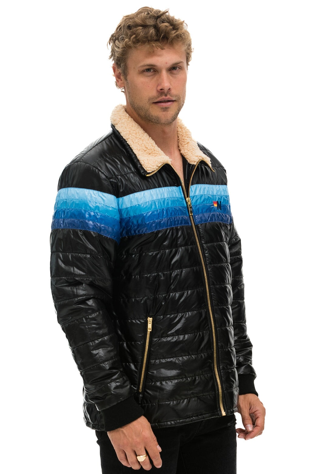4 STRIPE RAINBOW SLEEVE JACKET GLOSSY BLACK BLUE Aviator Nation