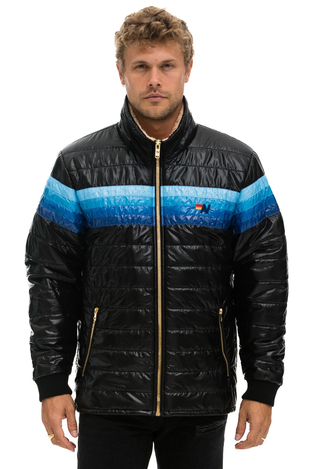 4 STRIPE RAINBOW SLEEVE JACKET - GLOSSY BLACK // BLUE Men's Outerwear Aviator Nation 