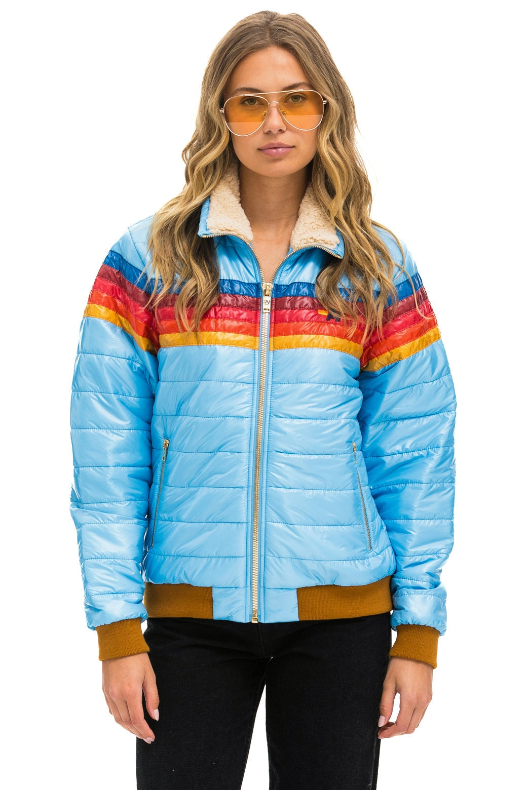 5 STRIPE RAINBOW SLEEVE JACKET - SKY GLOSSY Women&#39;s Outerwear Aviator Nation 