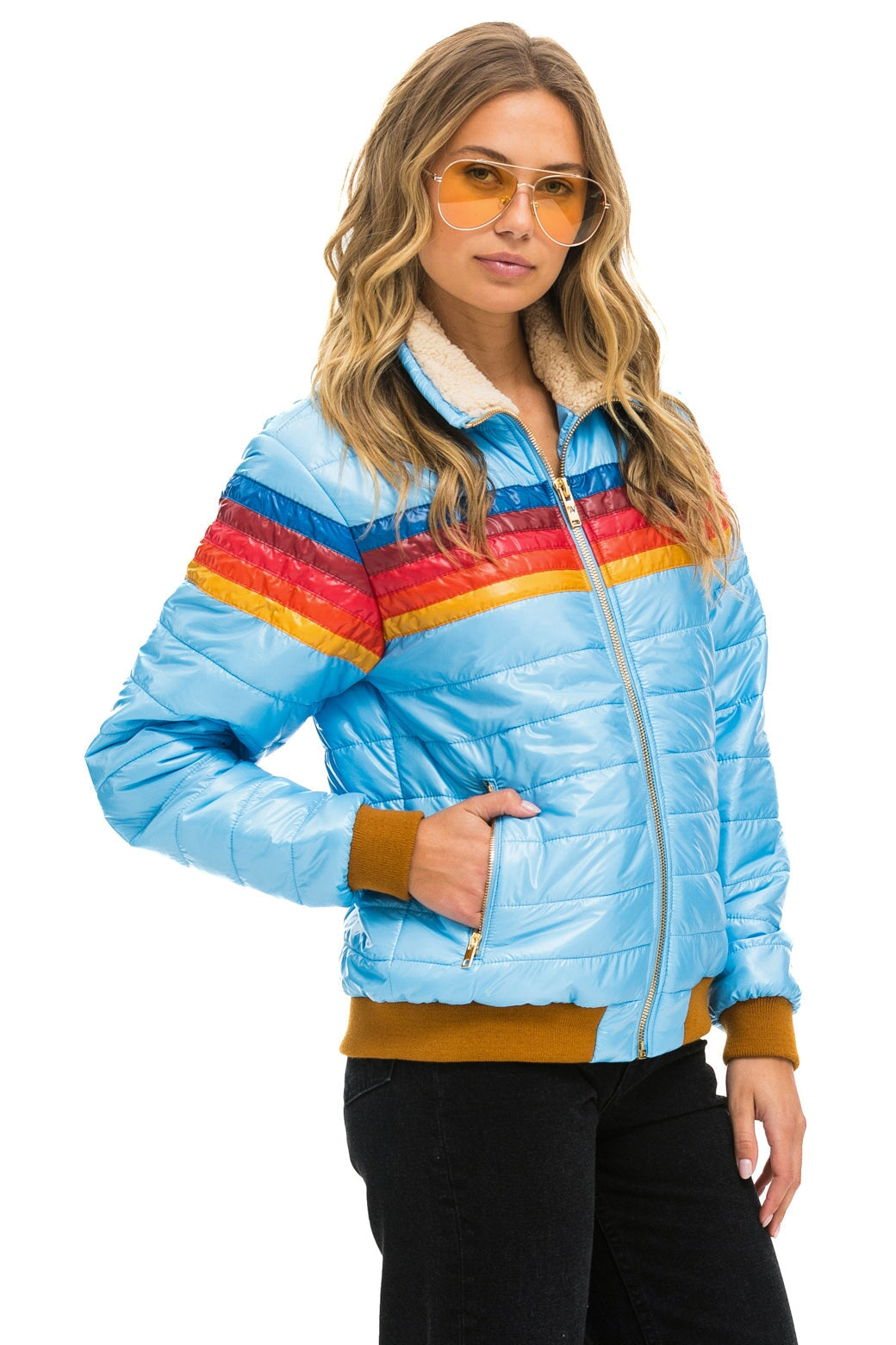 5 STRIPE RAINBOW SLEEVE JACKET - SKY GLOSSY Women's Outerwear Aviator Nation 