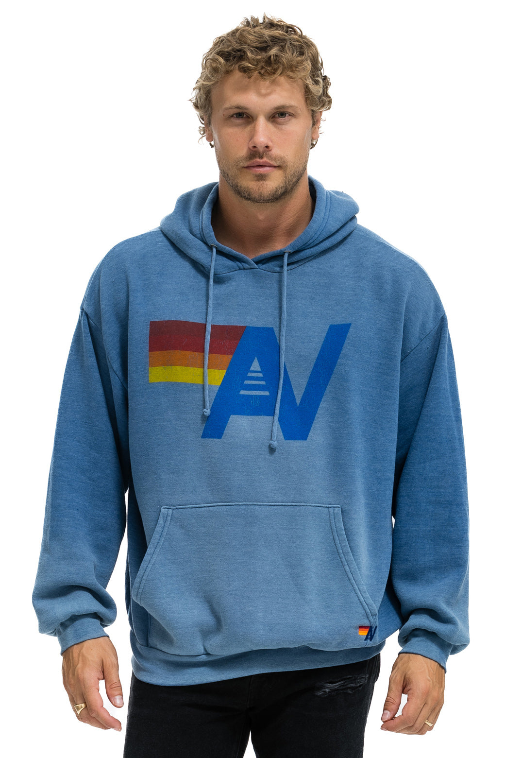 Aviator Nation Vintage Logo Relaxed Pullover Hoodie Faded Water XXL