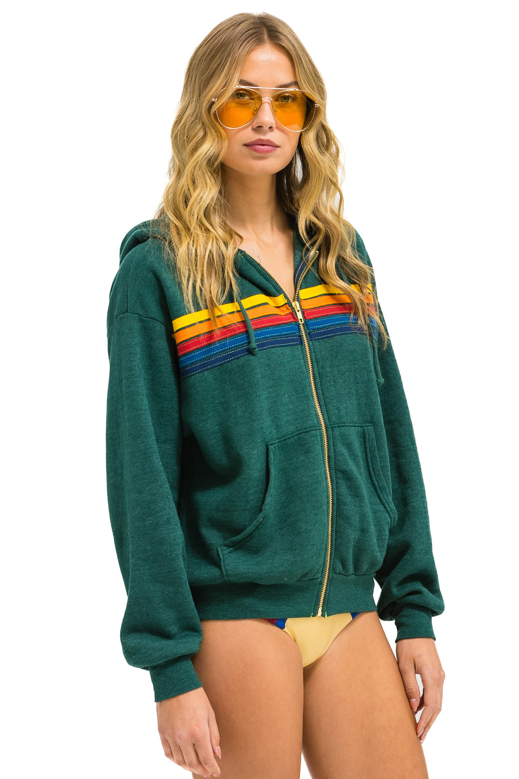 5 STRIPE RELAXED ZIP HOODIE - FOREST