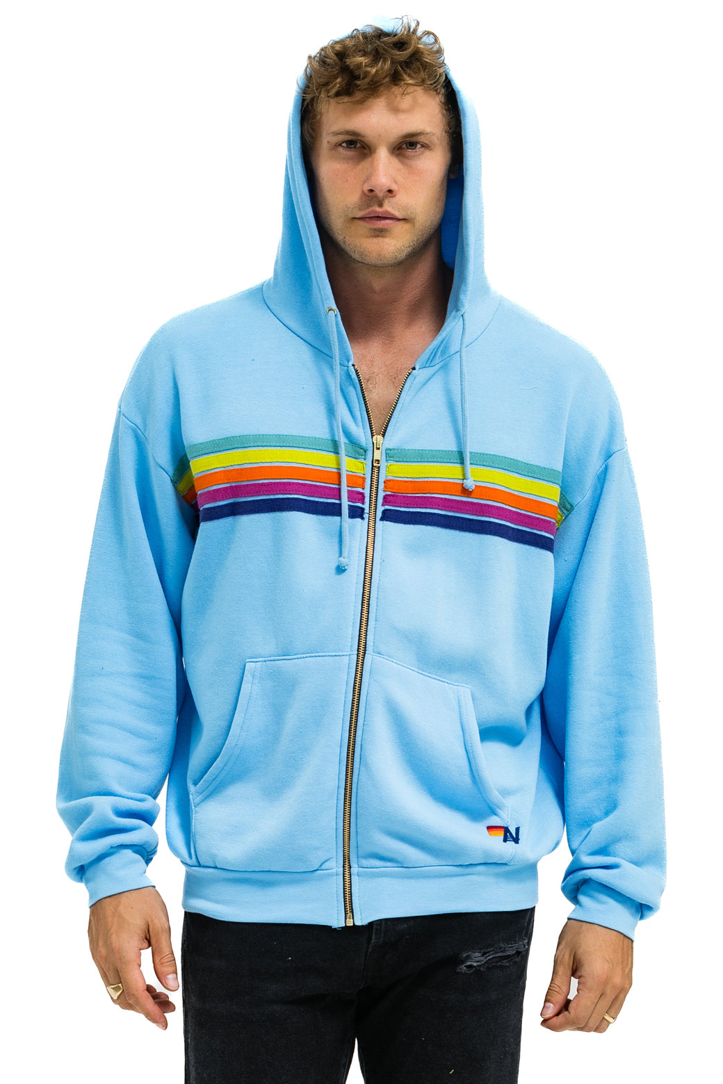 Aviator Nation 6 Stripe Retro Rainbow Hoodie Zip Up 2024 Jacket Sky Blue