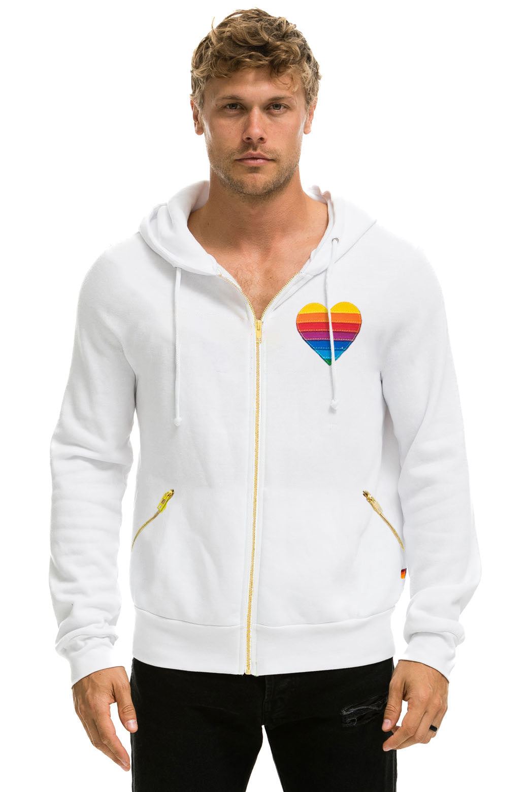 RAINBOW HEART STITCH ZIP HOODIE W/ POCKETS - WHITE