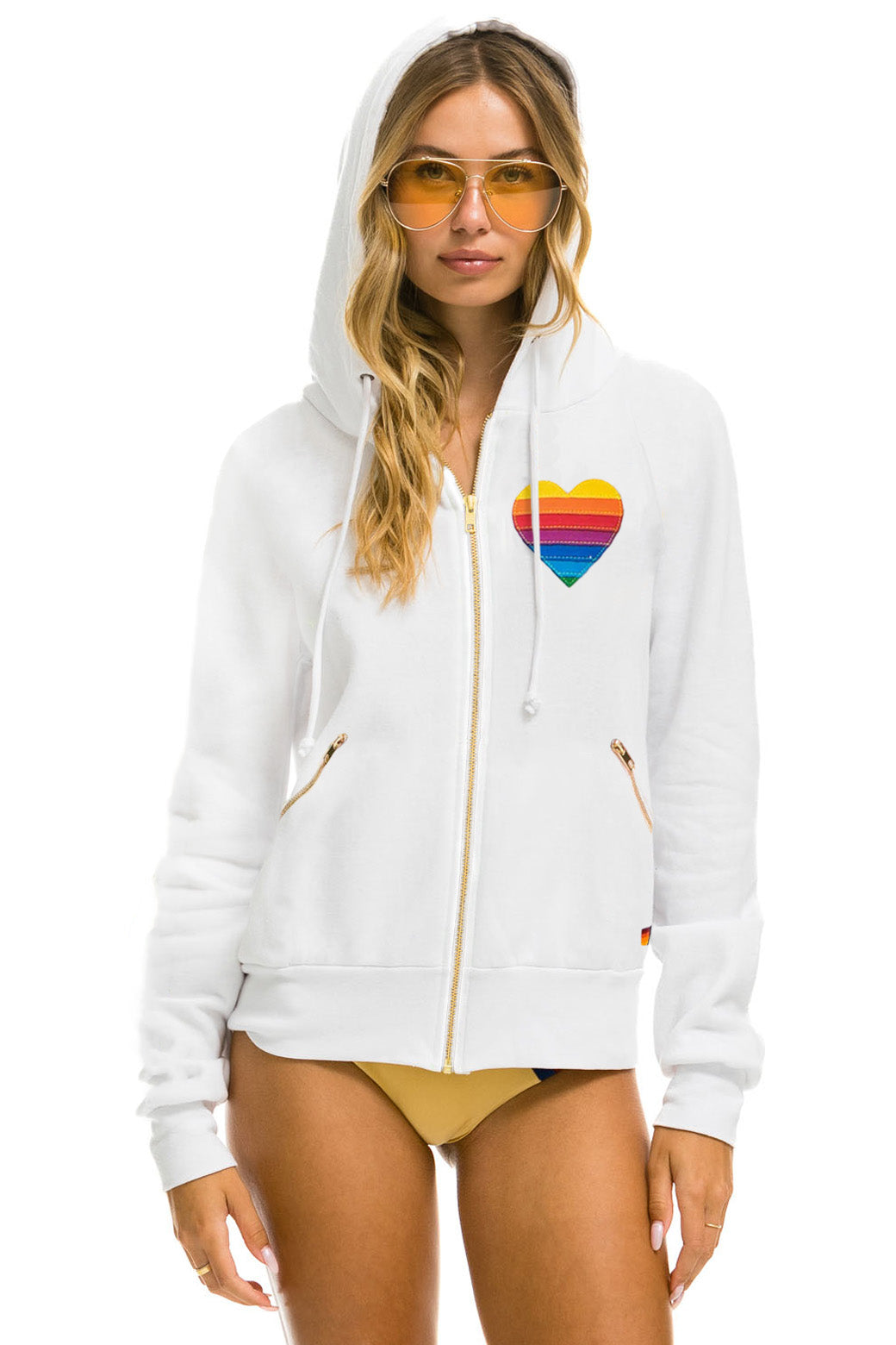 RAINBOW HEART STITCH ZIP HOODIE W/ POCKETS - WHITE