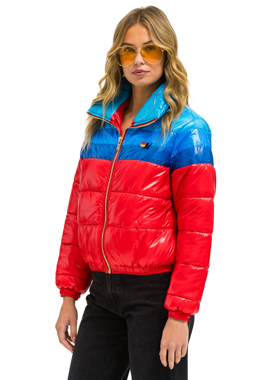 COLOR BLOCK LUXE APRES PUFFER JACKET - GLOSSY CHERRY