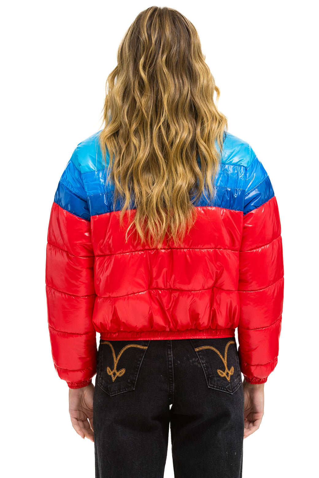 COLOR BLOCK LUXE APRES PUFFER JACKET - GLOSSY CHERRY