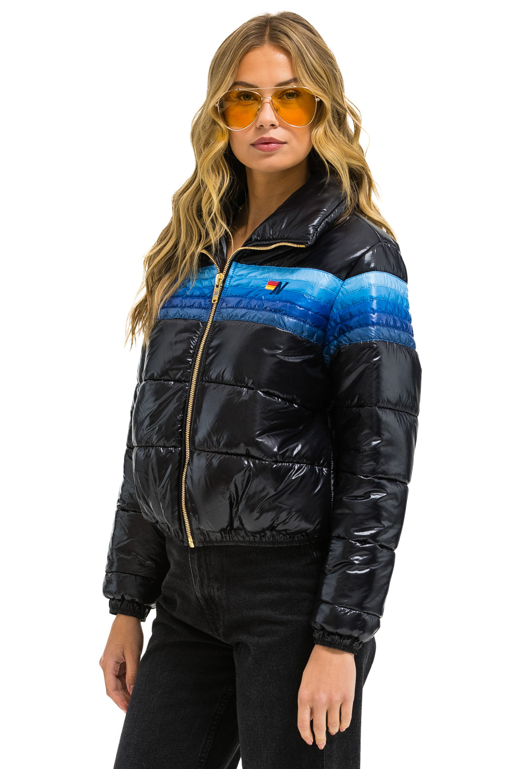 5 STRIPE LUXE APRES PUFFER JACKET - GLOSSY BLACK // BLUE STRIPES