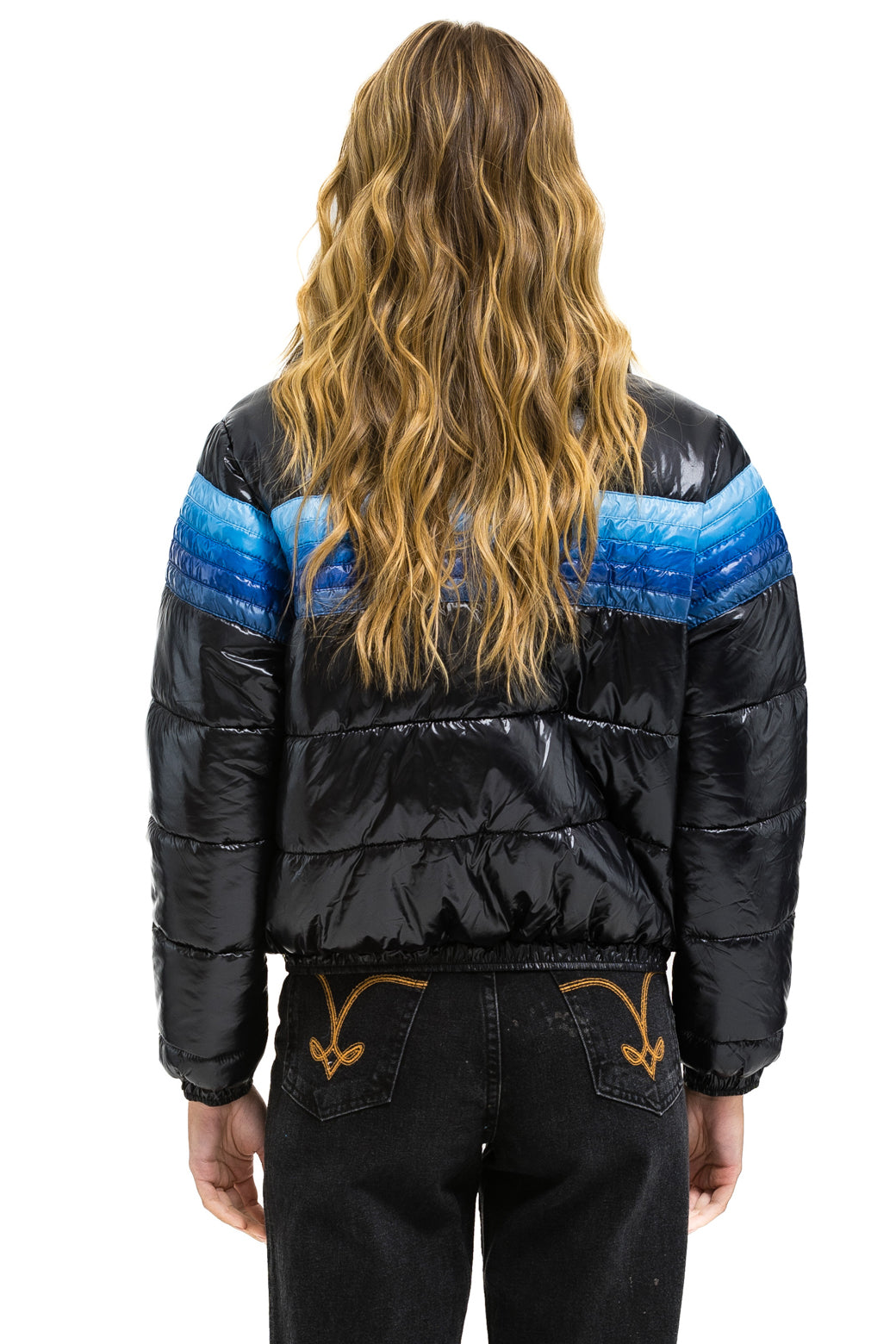 5 STRIPE LUXE APRES PUFFER JACKET - GLOSSY BLACK // BLUE STRIPES