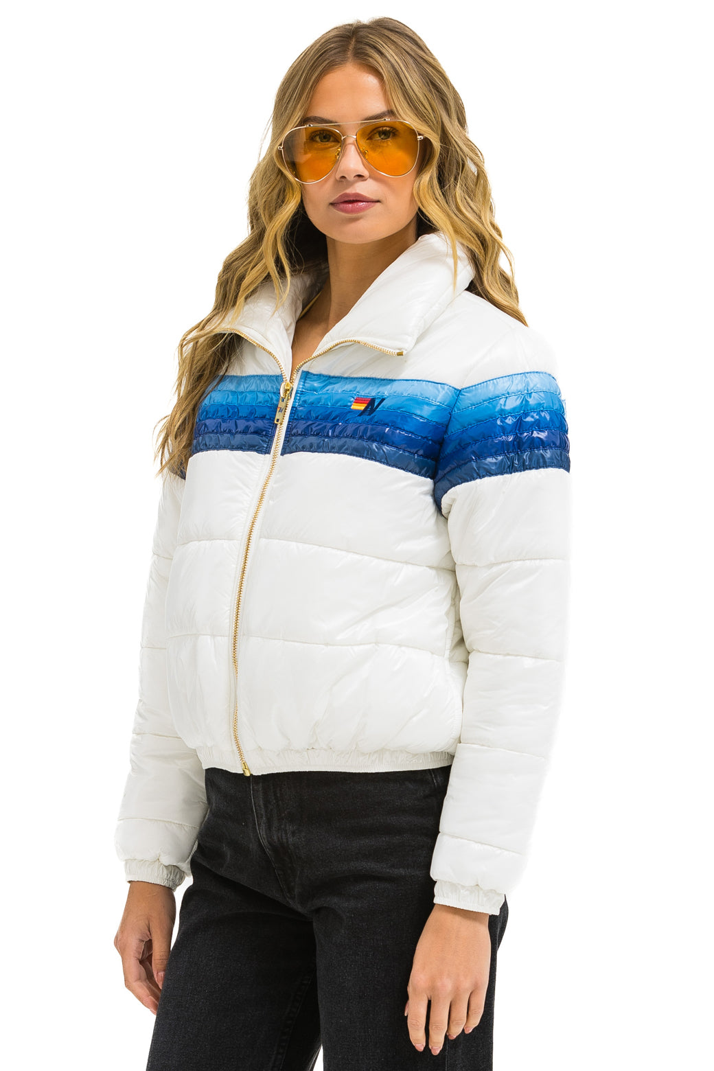 5 STRIPE LUXE APRES PUFFER JACKET - GLOSSY WHITE // BLUE STRIPES