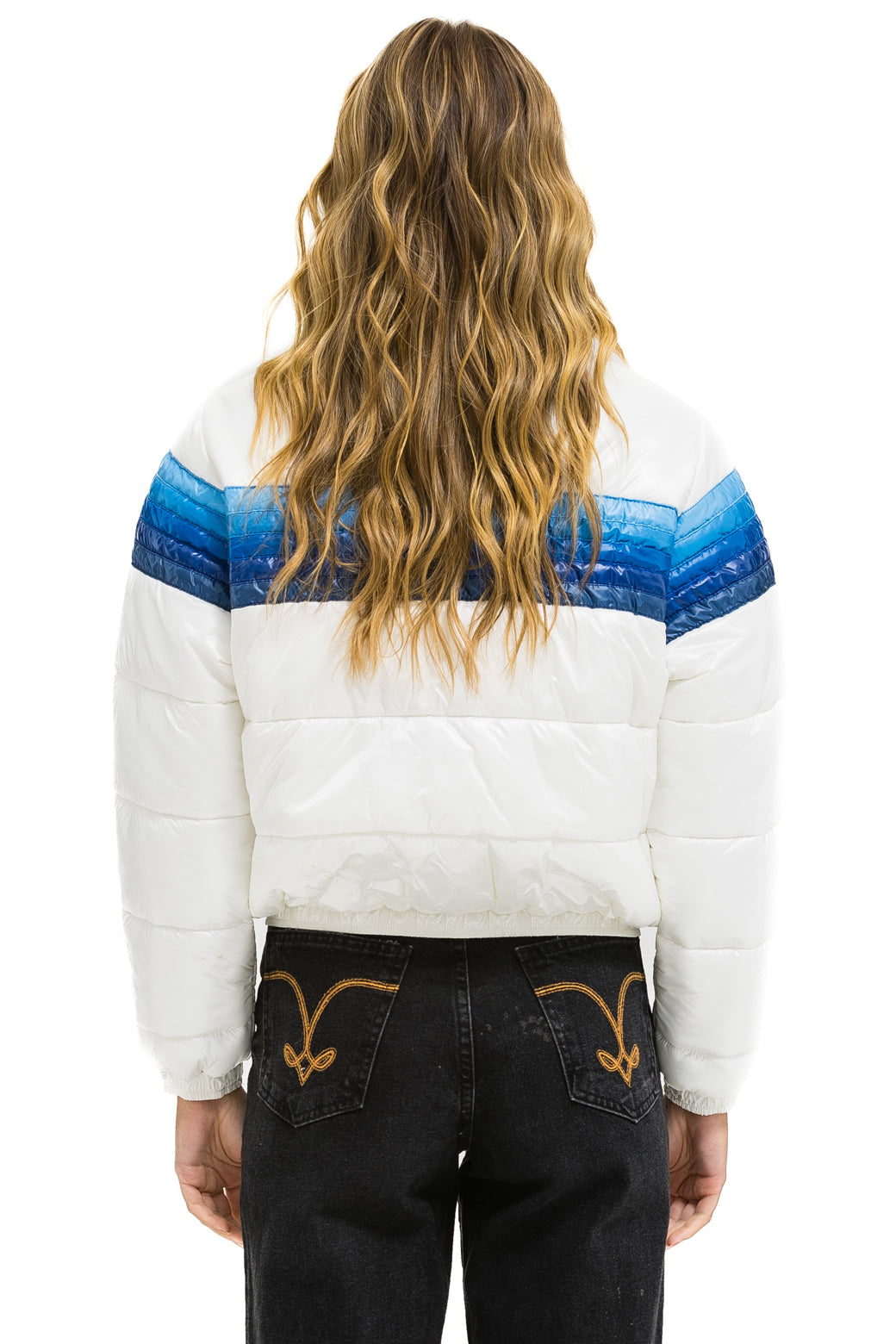 5 STRIPE LUXE APRES PUFFER JACKET - GLOSSY WHITE // BLUE STRIPES