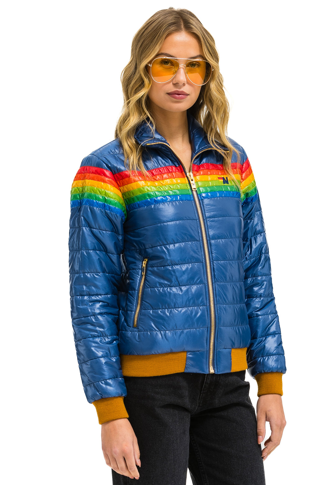 6 STRIPE RAINBOW SLEEVE JACKET -  GLOSSY DEEP BLUE