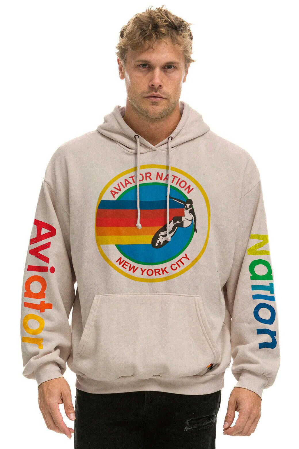 AVIATOR NATION NEW YORK CITY RELAXED PULLOVER HOODIE - SAND