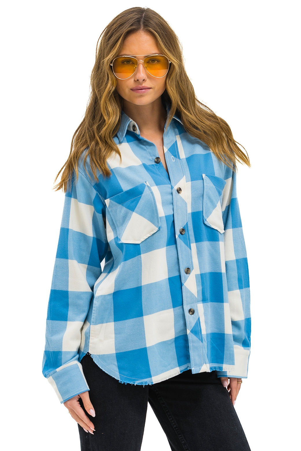 PLAID FLANNEL LIGHT WEIGHT UNISEX WESTERN SHIRT - SKY PLAID