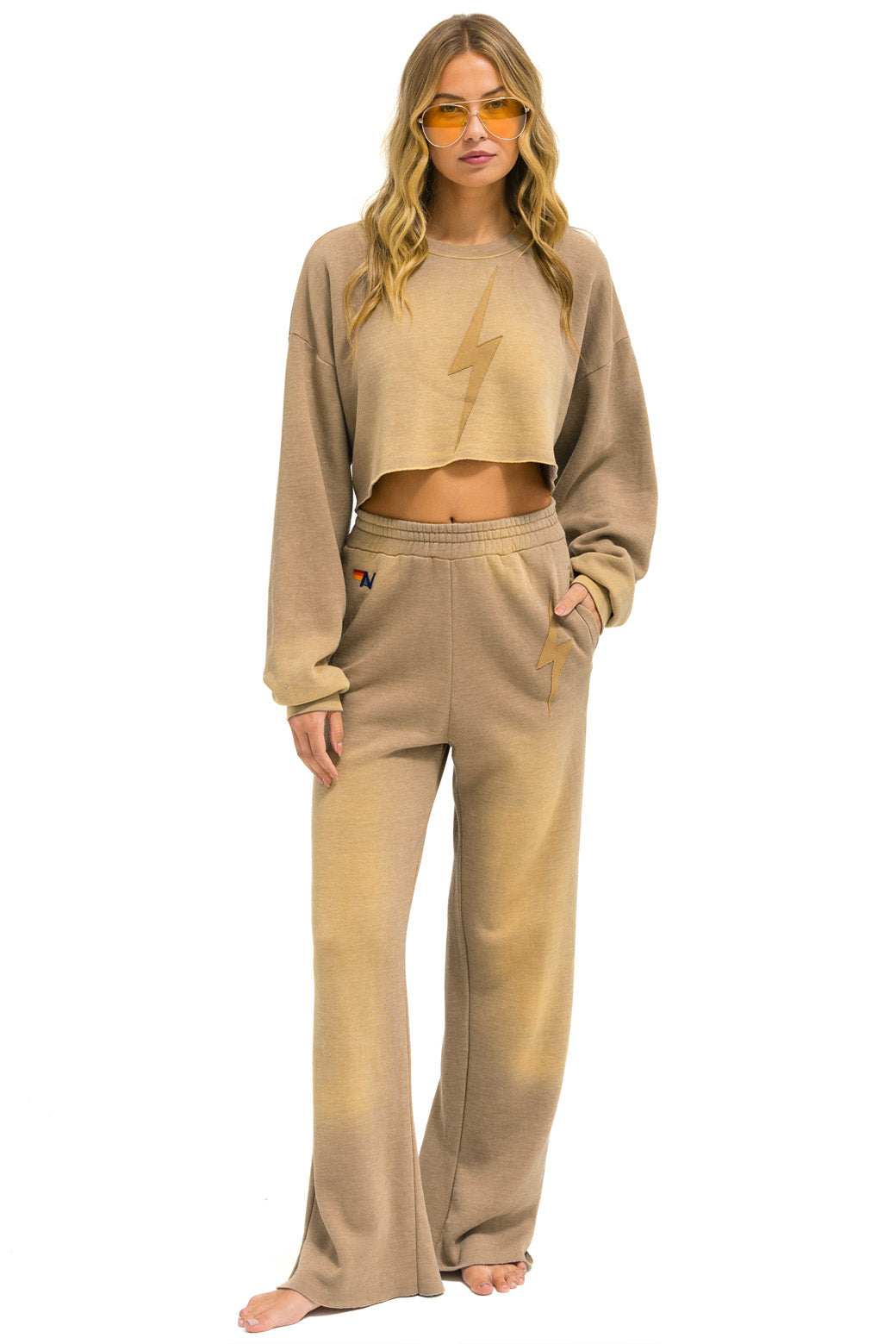 BOLT STITCH WIDE LEG POCKET SWEATPANTS - FADED TAN