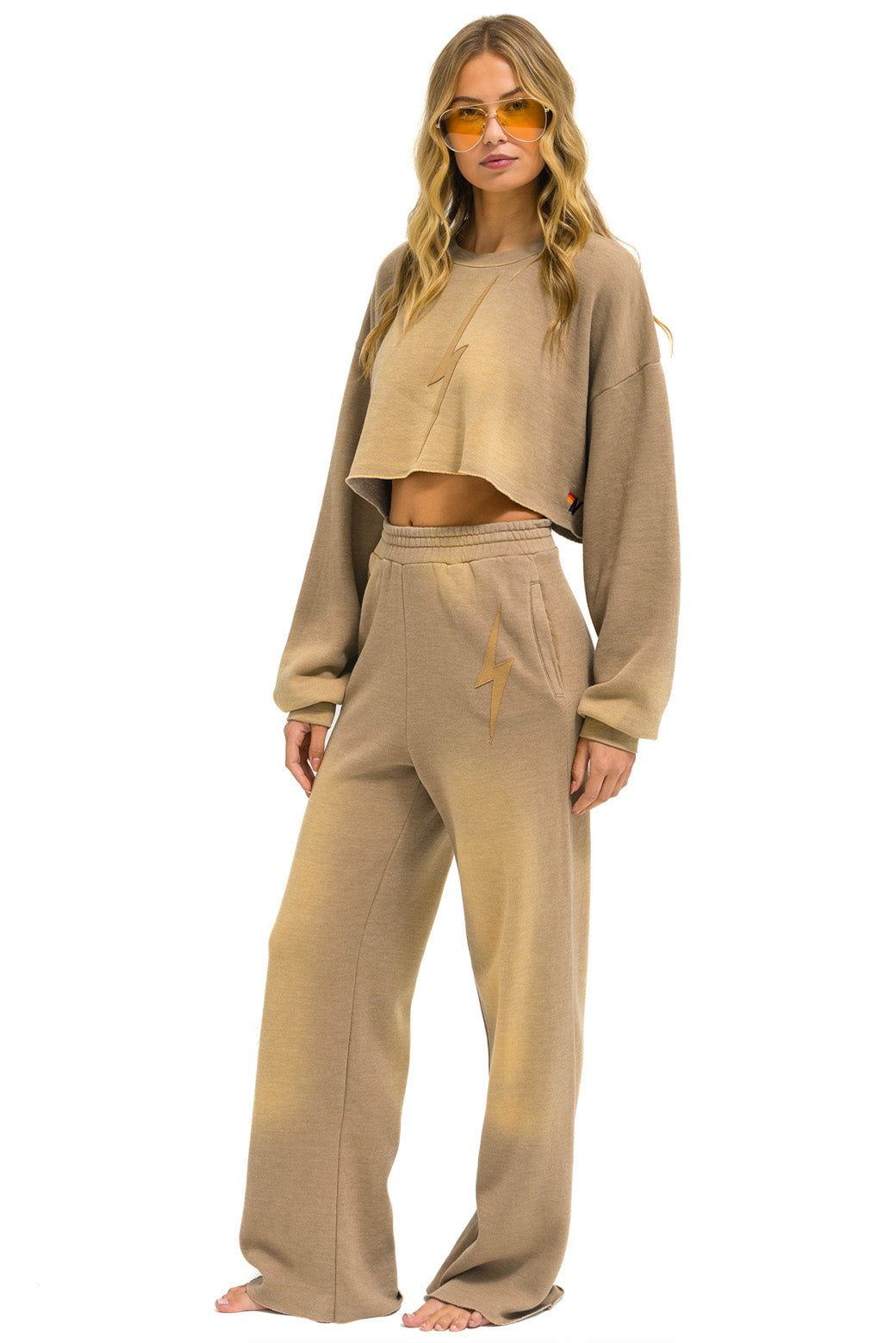 BOLT STITCH WIDE LEG POCKET SWEATPANTS - FADED TAN