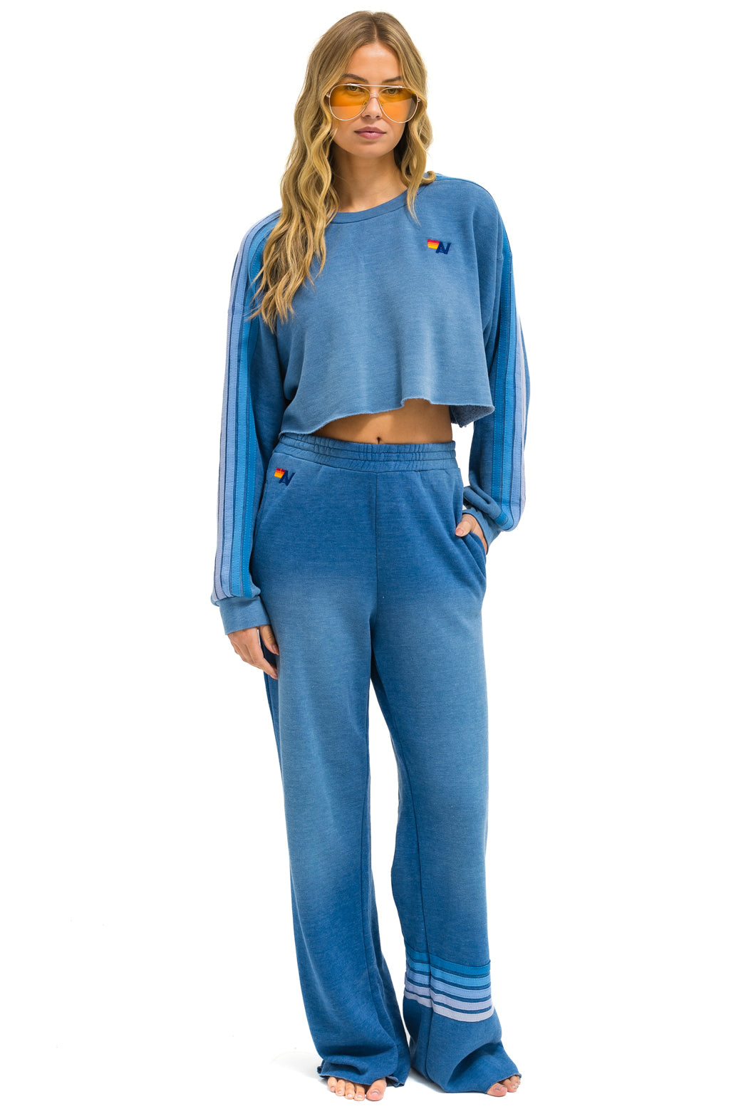 RUGBY STITCH WIDE LEG POCKET SWEATPANTS - FADED WATER