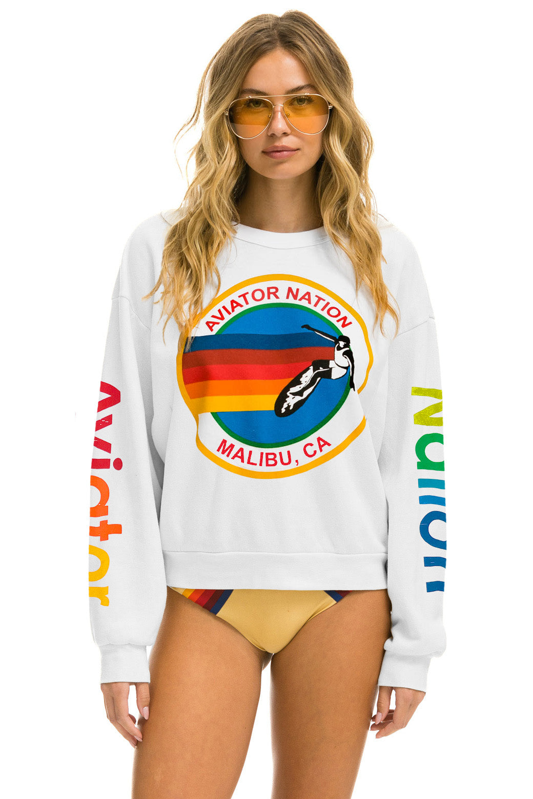 AVIATOR NATION MALIBU RELAXED CREW SWEATSHIRT - WHITE