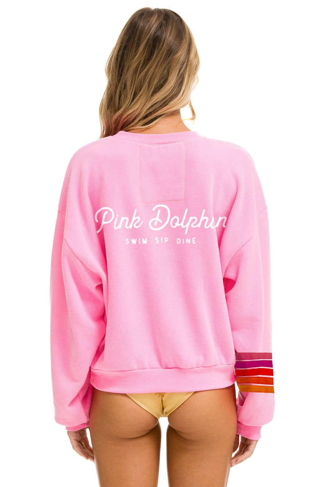 PINK DOLPHIN 5 STRIPE STITCH CREW SWEATSHIRT RELAXED - NEON PINK // PINK // ORANGE