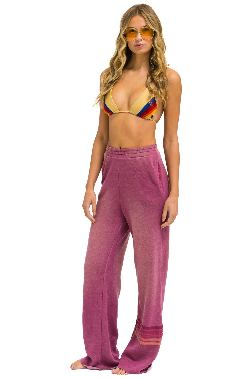 RUGBY STITCH WIDE LEG POCKET SWEATPANTS - FADED BERRY