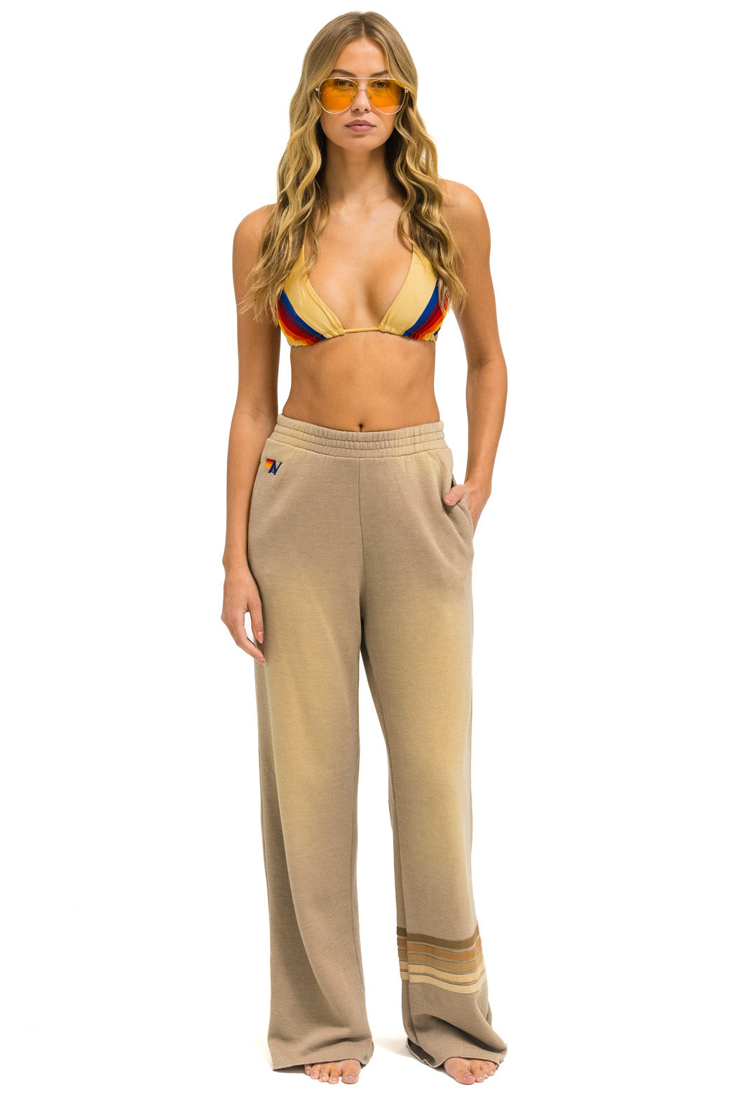 RUGBY STITCH WIDE LEG POCKET SWEATPANTS - FADED TAN