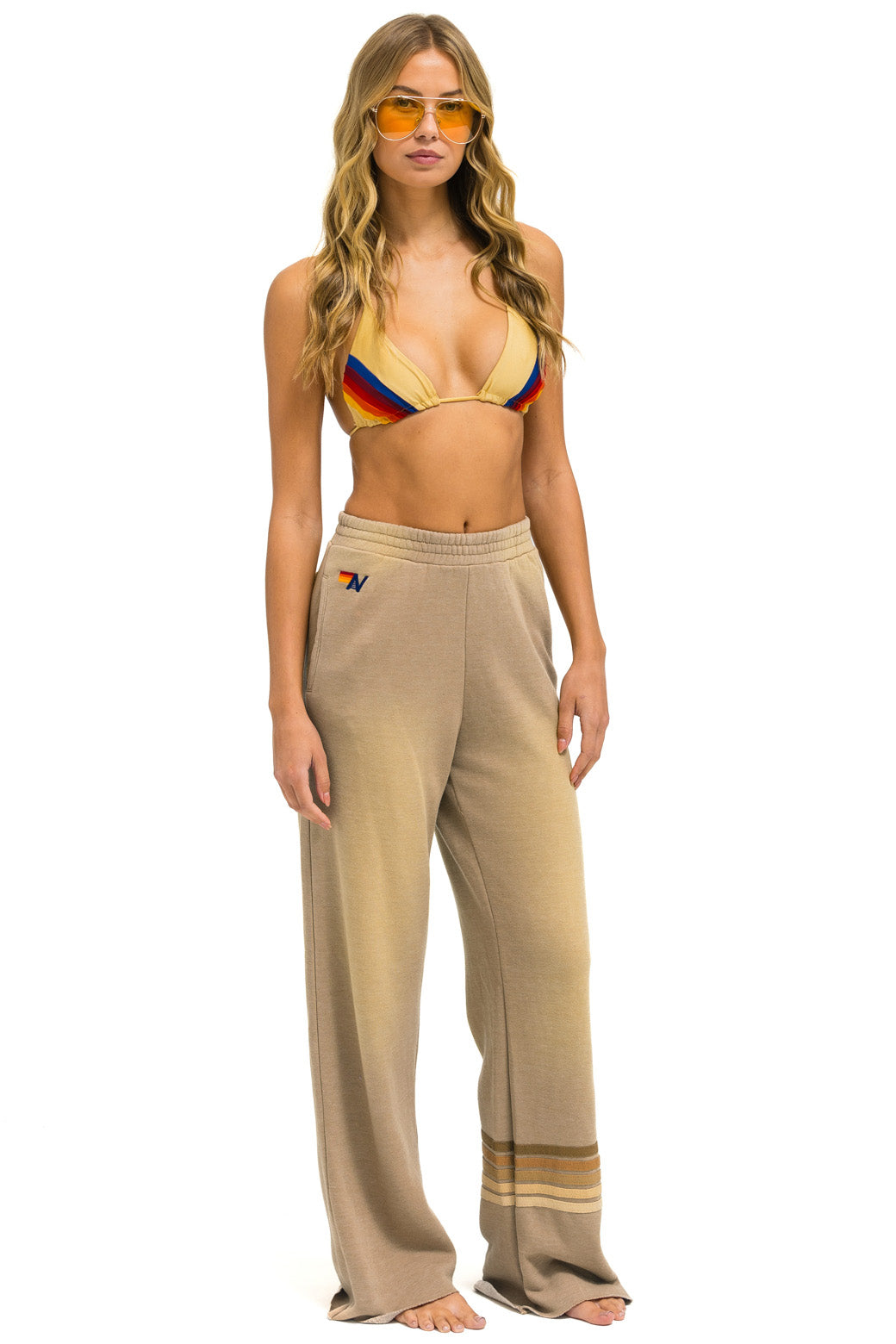 RUGBY STITCH WIDE LEG POCKET SWEATPANTS - FADED TAN