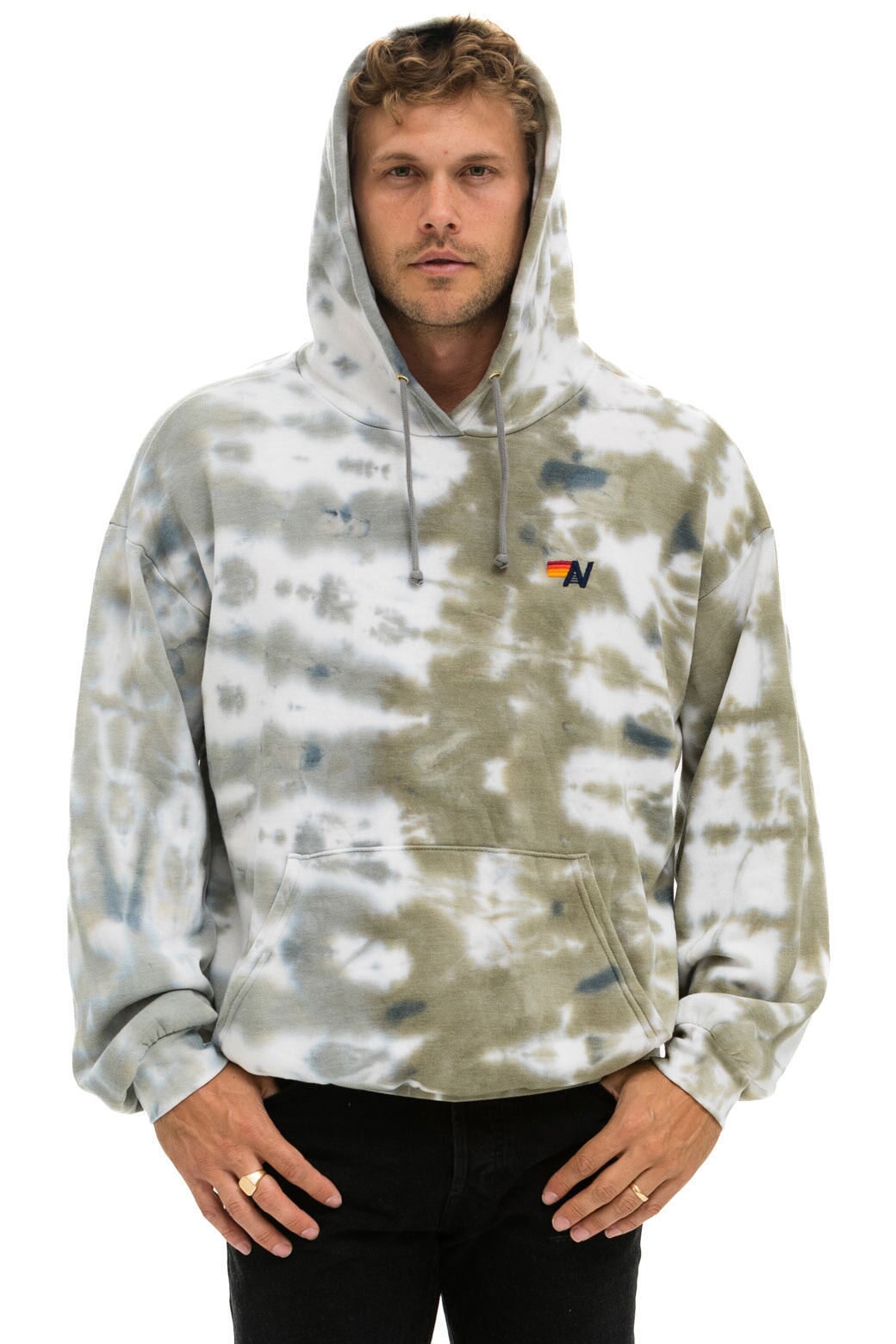 HAND DYED PULLOVER HOODIE RELAXED TIE DYE GREY OLIVE Aviator Nation