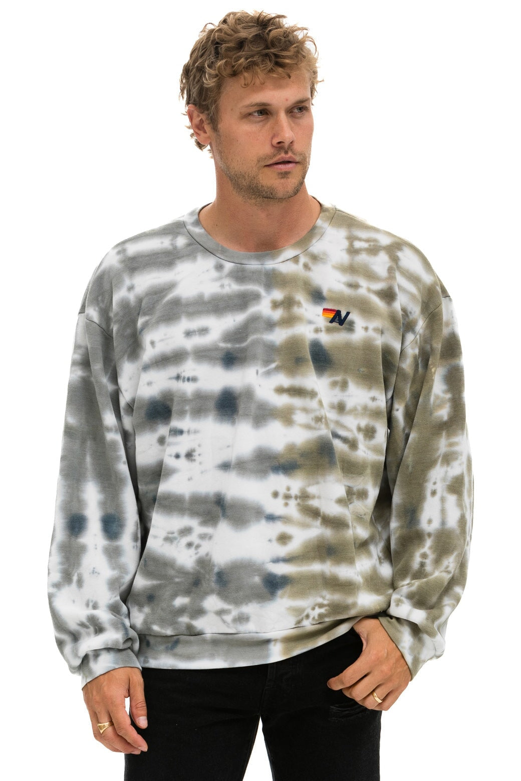 HAND DYED RELAXED CREW SWEATSHIRT TIE DYE GREY OLIVE Aviator Nation