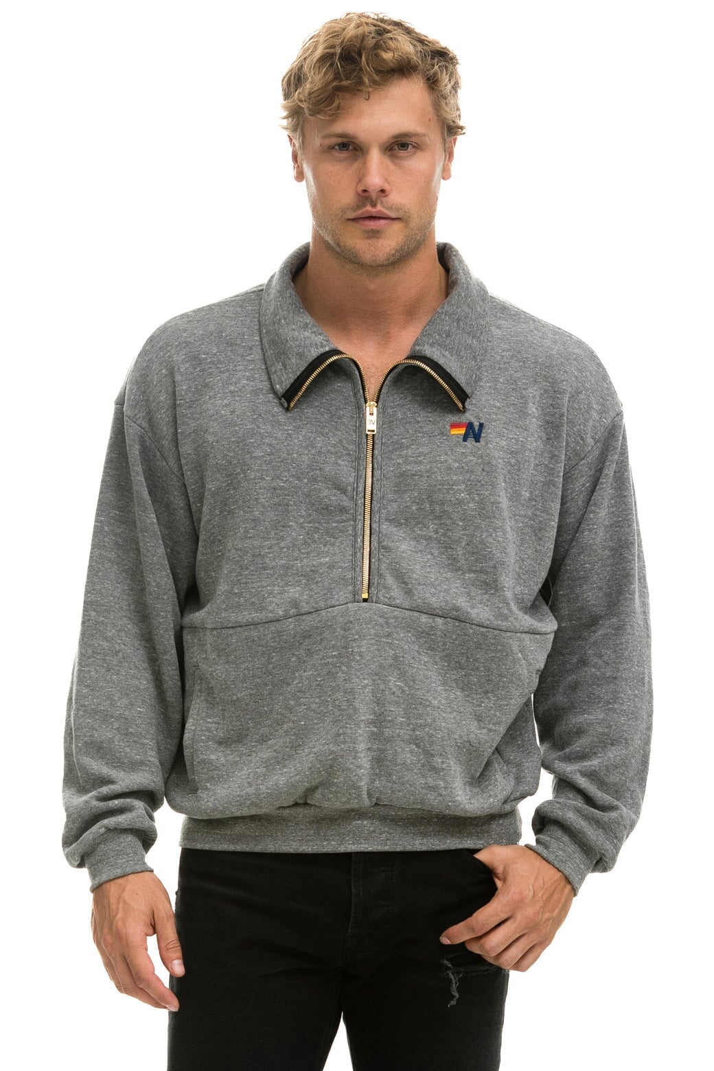 LOGO EMBROIDERY HALF ZIP SWEATSHIRT HEATHER GREY Aviator Nation