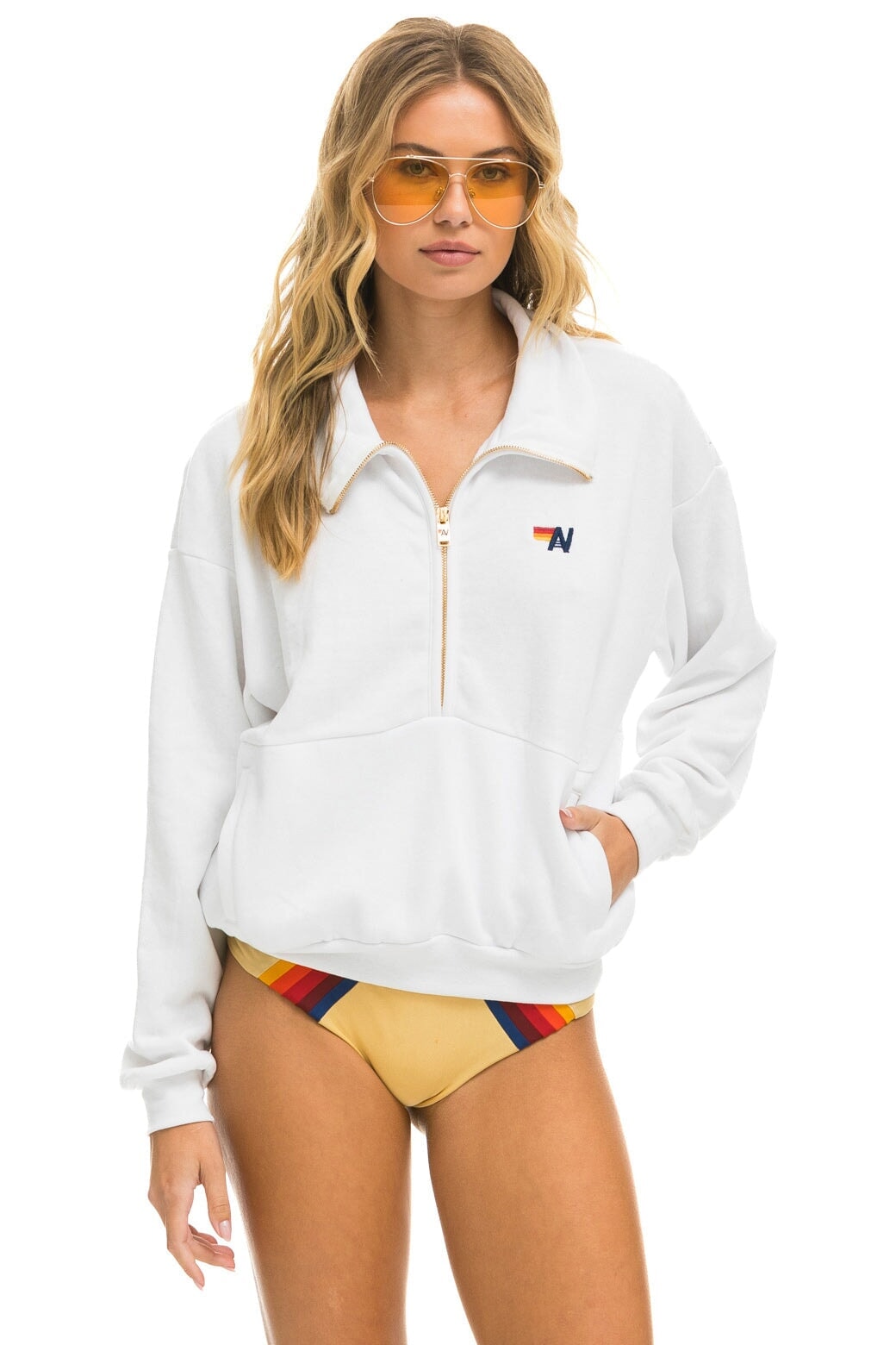 LOGO EMBROIDERY HALF ZIP SWEATSHIRT - WHITE Sweatshirt Aviator Nation 