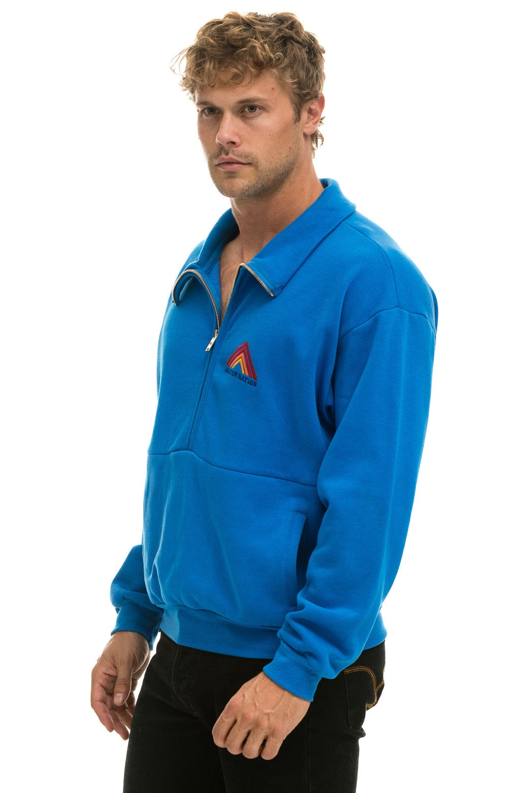 MOUNTAIN EMBROIDERY UNISEX HALF ZIP SWEATSHIRT - OCEAN Unisex Outerwear Aviator Nation 