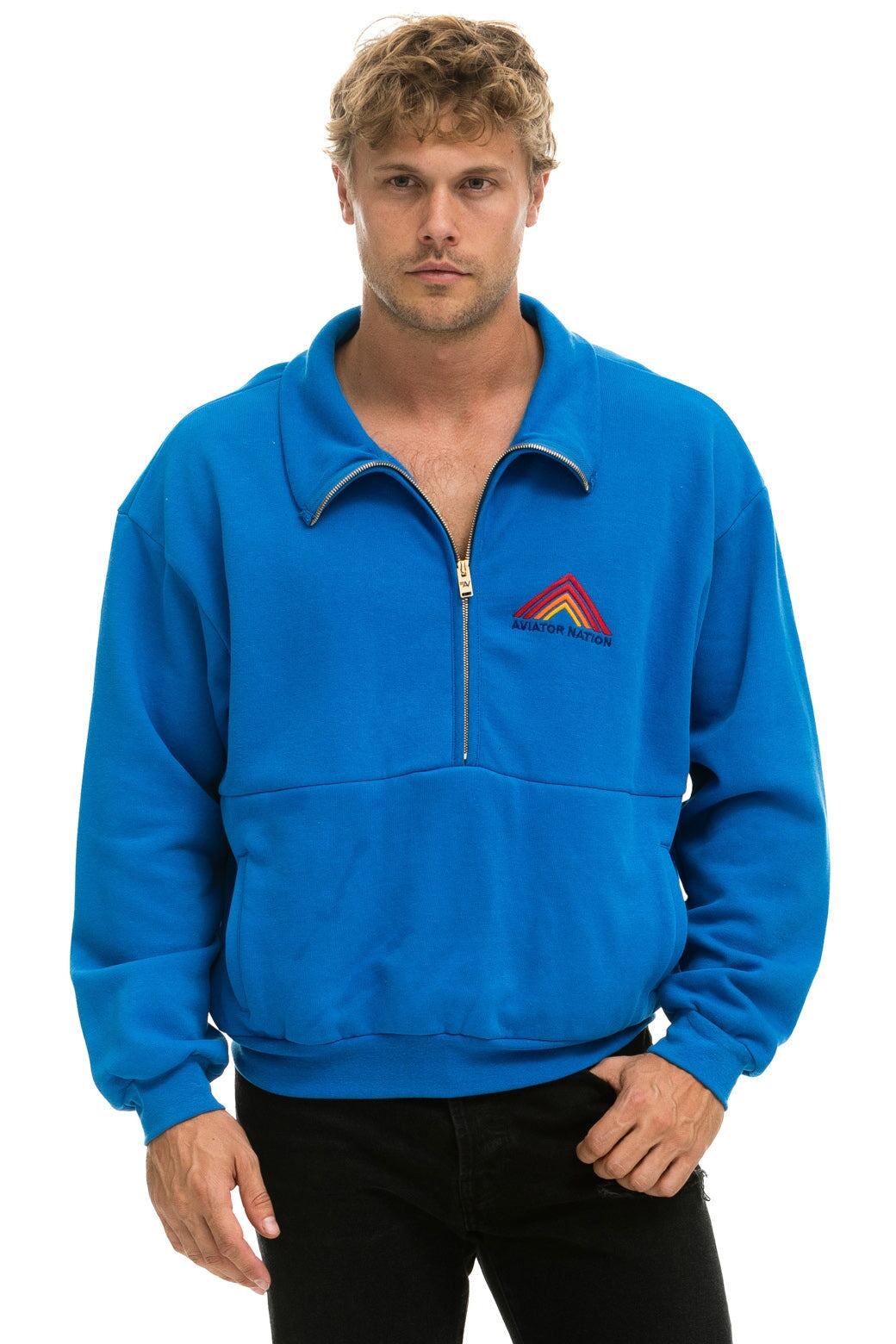 EMBROIDERED QUARTER ZIP SWEATSHIRT - Bluish