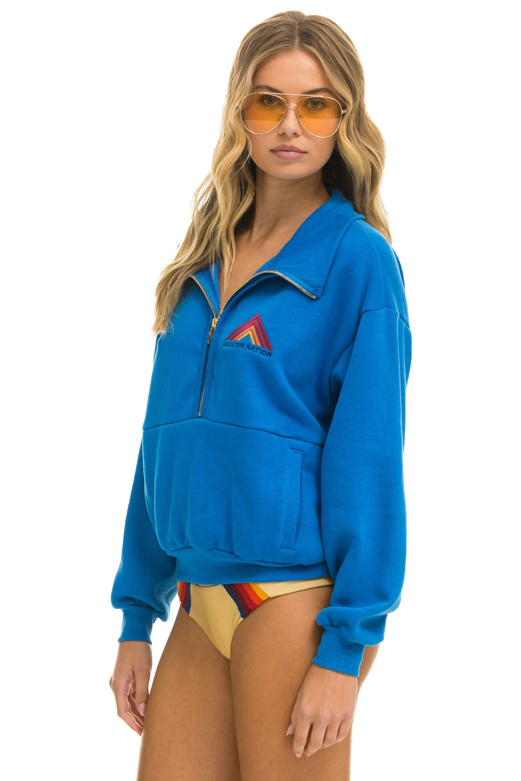 MOUNTAIN EMBROIDERY UNISEX HALF ZIP SWEATSHIRT - OCEAN Unisex Outerwear Aviator Nation 