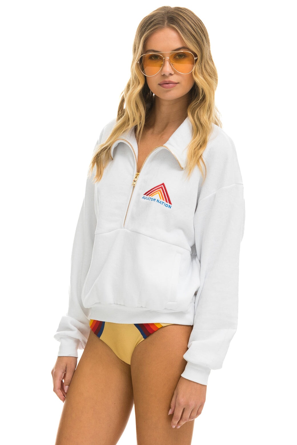 MOUNTAIN EMBROIDERY UNISEX HALF ZIP SWEATSHIRT - WHITE Unisex Outerwear Aviator Nation 