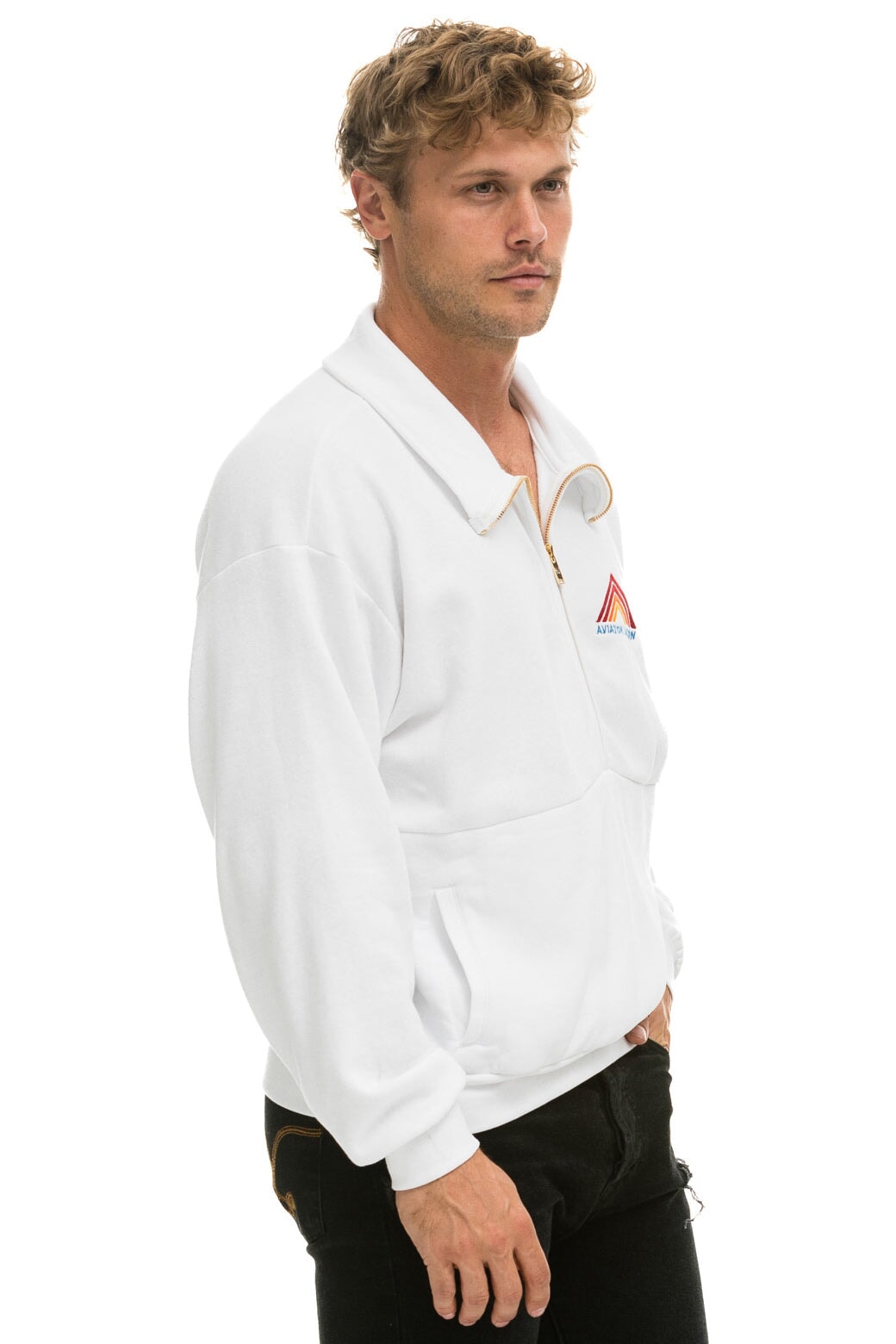 MOUNTAIN EMBROIDERY UNISEX HALF ZIP SWEATSHIRT - WHITE Unisex Outerwear Aviator Nation 