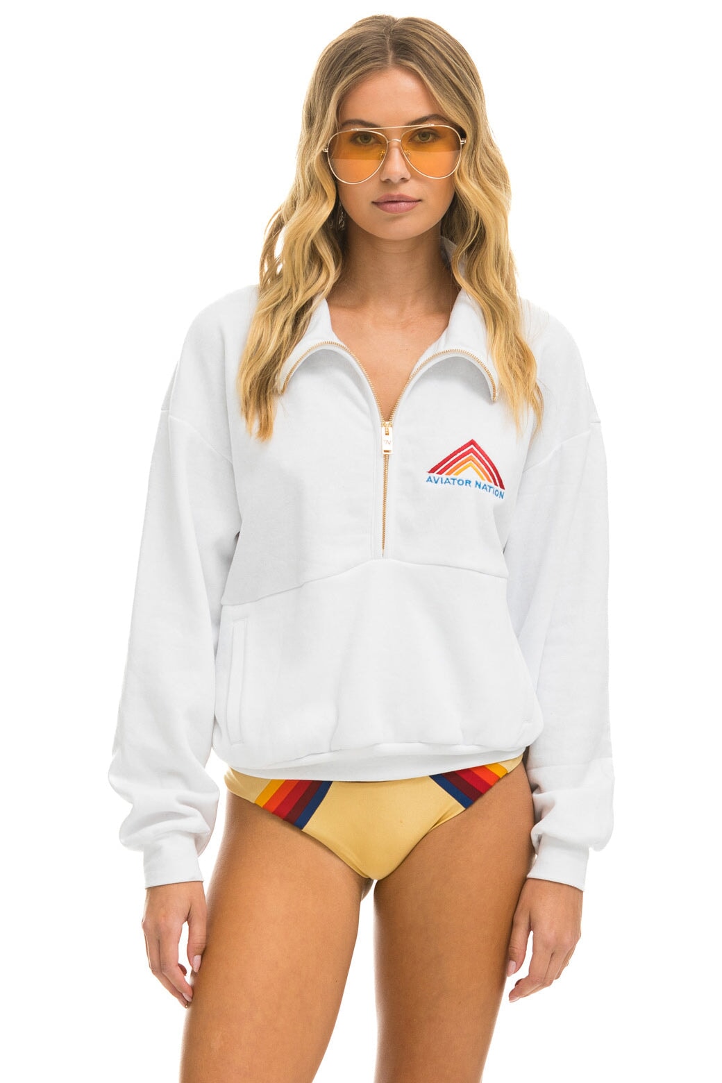 MOUNTAIN EMBROIDERY UNISEX HALF ZIP SWEATSHIRT - WHITE Unisex Outerwear Aviator Nation 