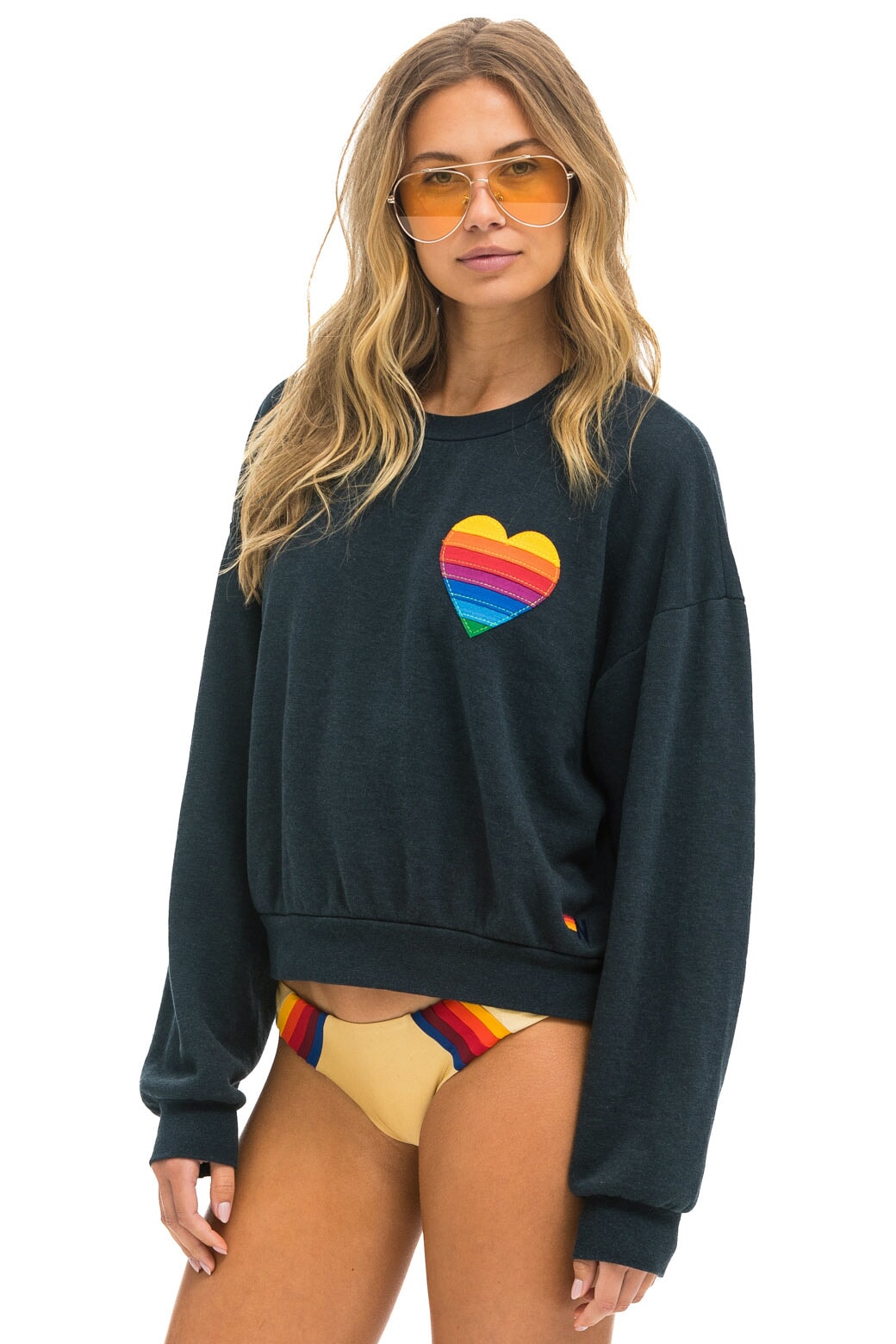 RAINBOW HEART STITCH RELAXED CREW SWEATSHIRT CHARCOAL Aviator Nation