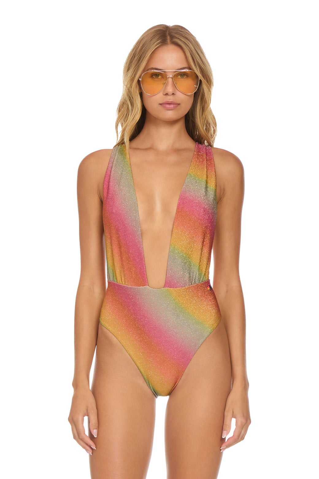 SPARKLE COMO DEEP PLUNGE CROSS BACK WOMENS ONE PIECE - RAINBOW Swim Aviator Nation 