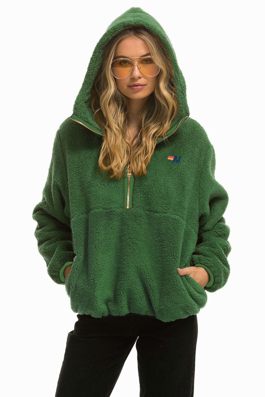 TEDDY UNISEX HOODED HALF ZIP JACKET - GARDEN GREEN Women&#39;s Outerwear Aviator Nation 