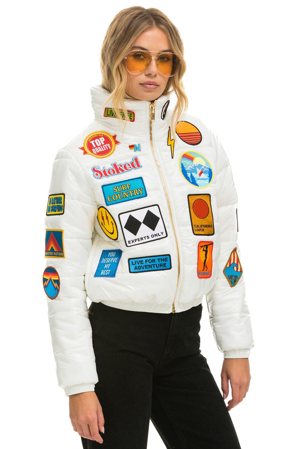 VINTAGE PATCH APRES PUFFER JACKET - WHITE GLOSSY Women's Outerwear Aviator Nation 