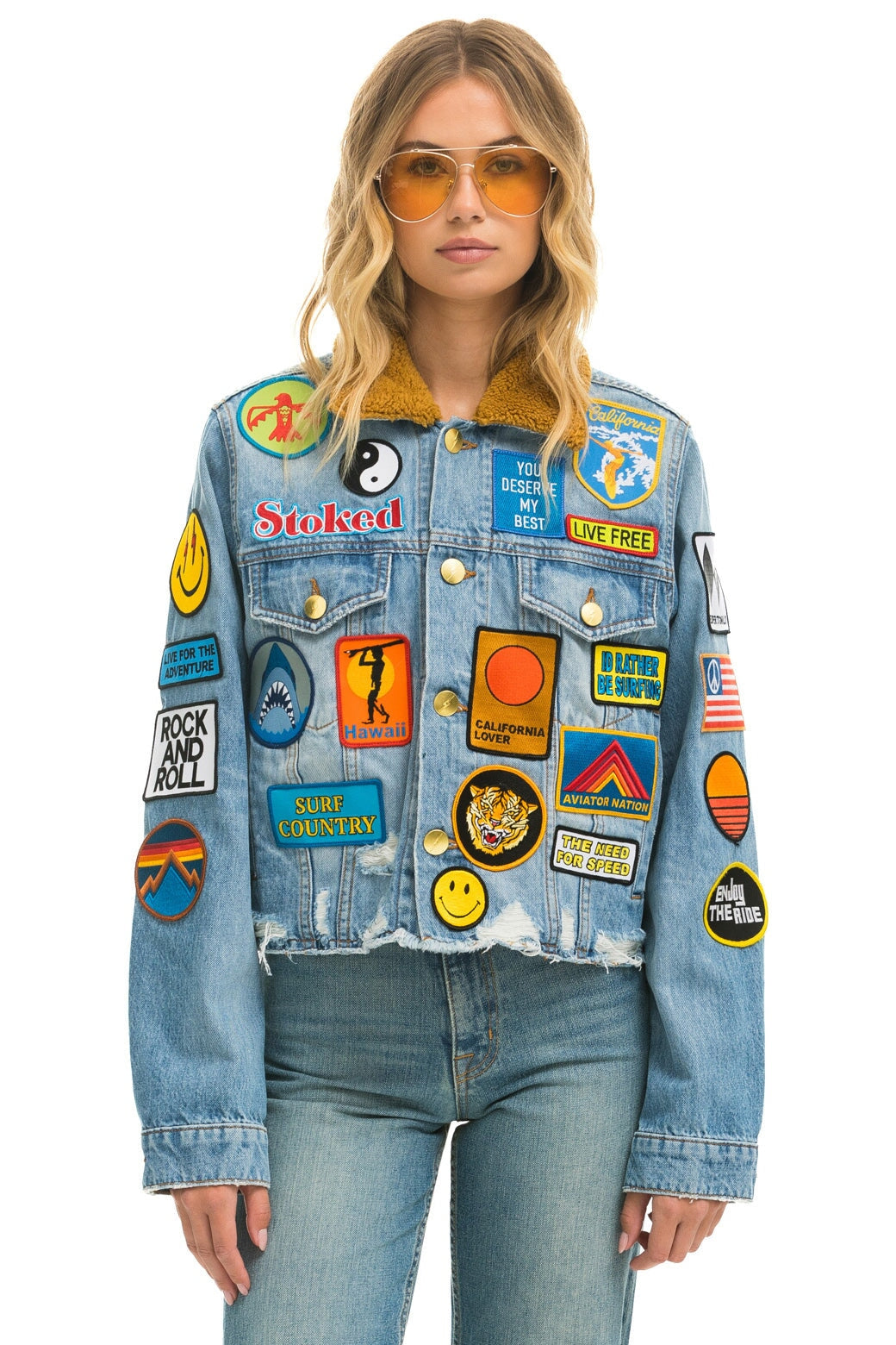 VINTAGE PATCH UNISEX CROP DENIM JACKET - SUPER LIGHT Women&#39;s Outerwear Aviator Nation 