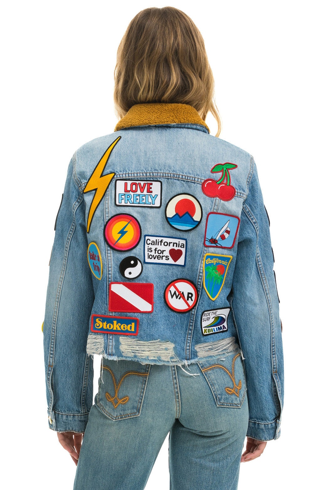 VINTAGE PATCH UNISEX CROP DENIM JACKET - SUPER LIGHT Women's Outerwear Aviator Nation 