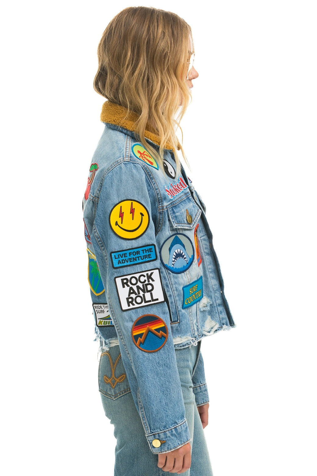 VINTAGE PATCH UNISEX CROP DENIM JACKET - SUPER LIGHT Women's Outerwear Aviator Nation 