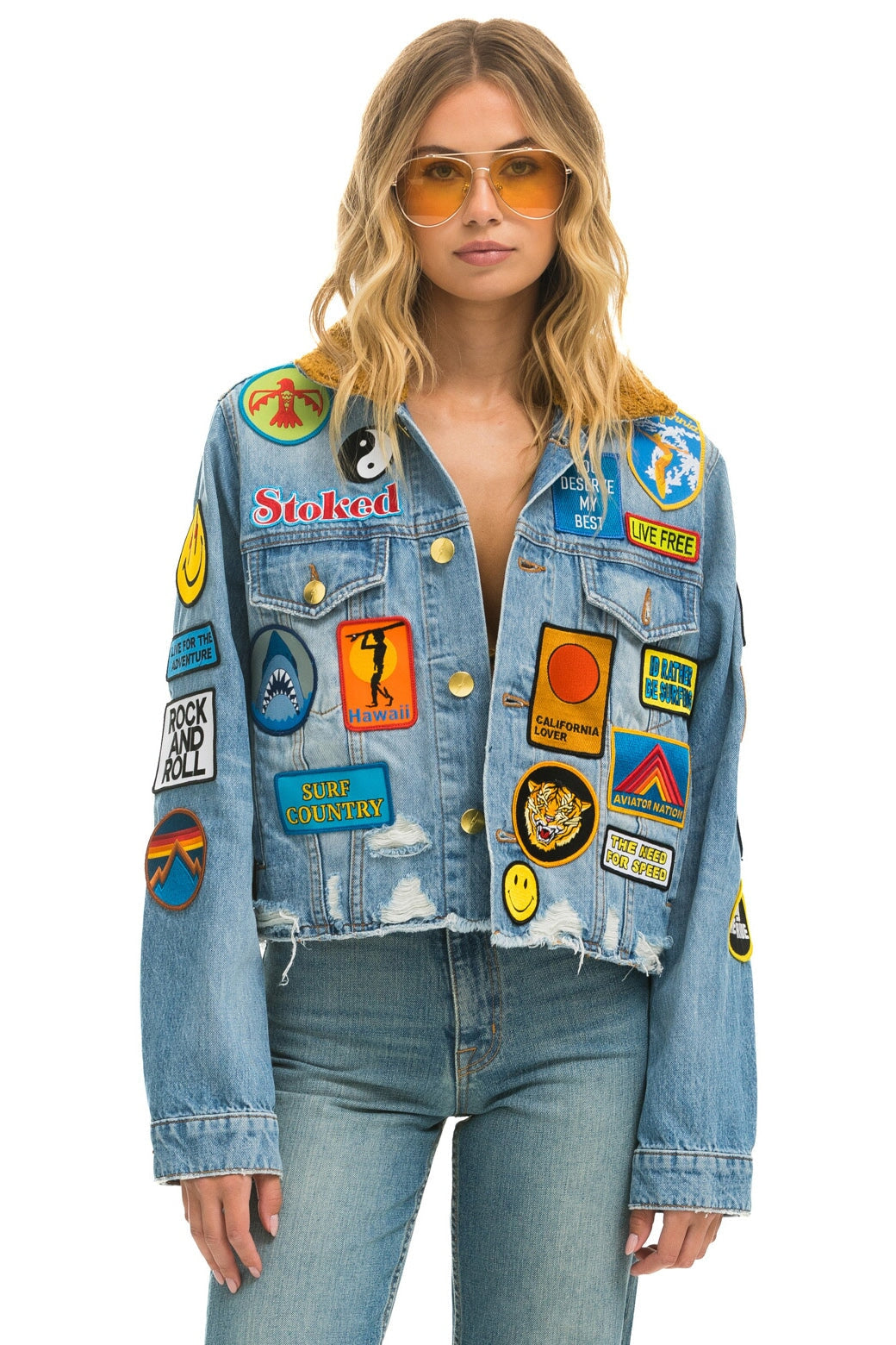 VINTAGE PATCH UNISEX CROP DENIM JACKET - SUPER LIGHT Women's Outerwear Aviator Nation 