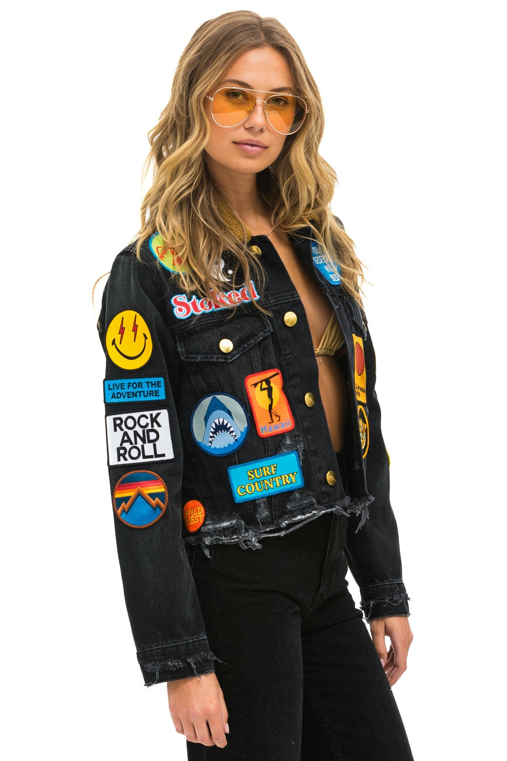 VINTAGE PATCH UNISEX CROP DENIM JACKET - VINTAGE BLACK Denim Jacket Aviator Nation 