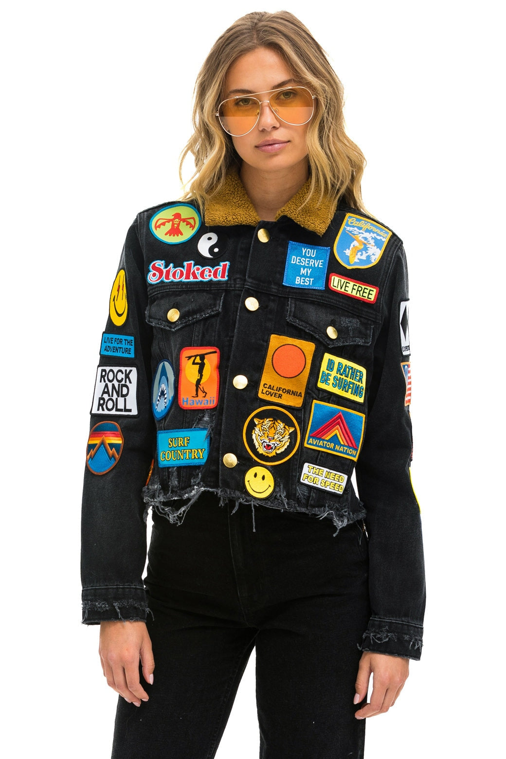 VINTAGE PATCH UNISEX CROP DENIM JACKET - VINTAGE BLACK Denim Jacket Aviator Nation 