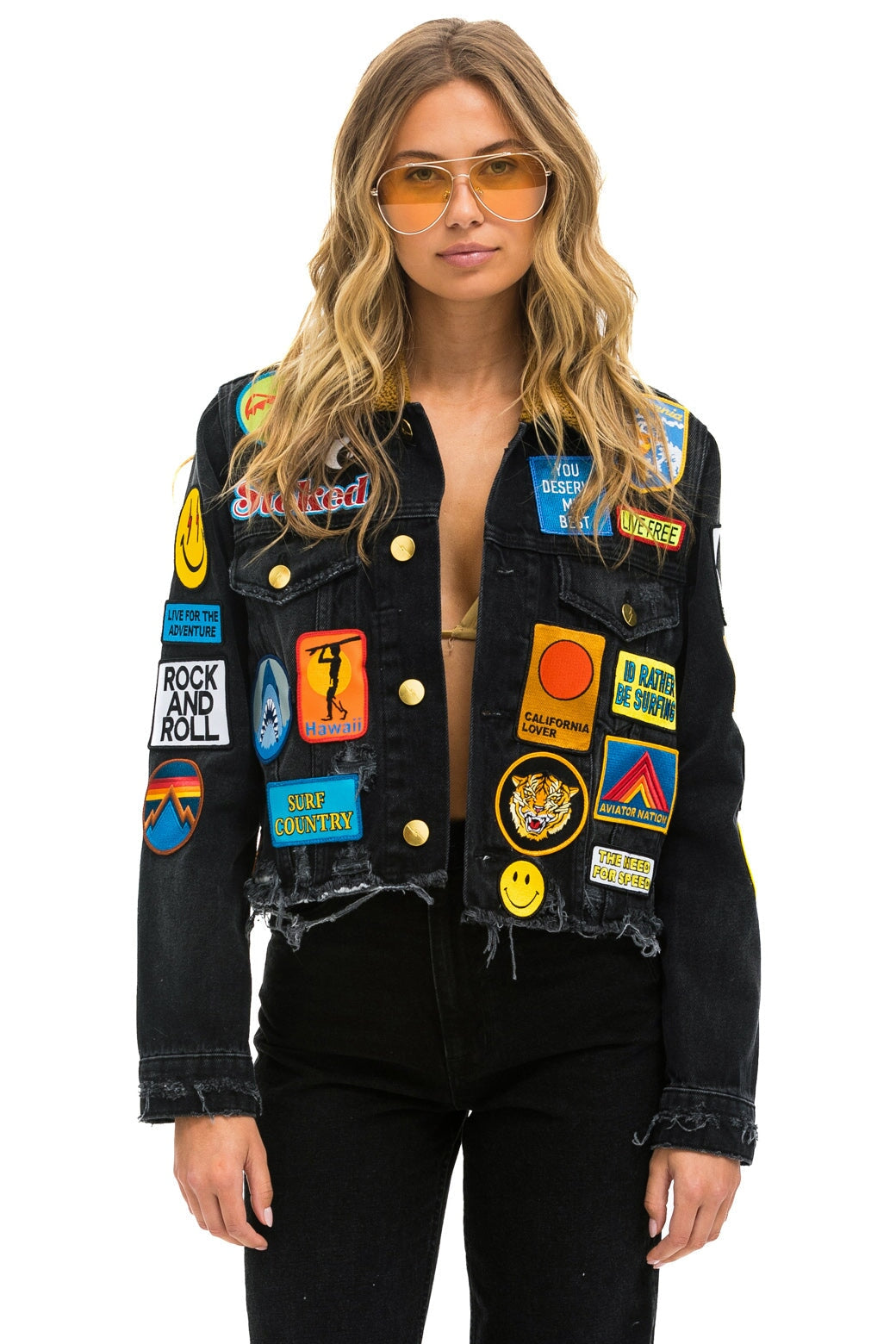 VINTAGE PATCH UNISEX CROP DENIM JACKET - VINTAGE BLACK Denim Jacket Aviator Nation 