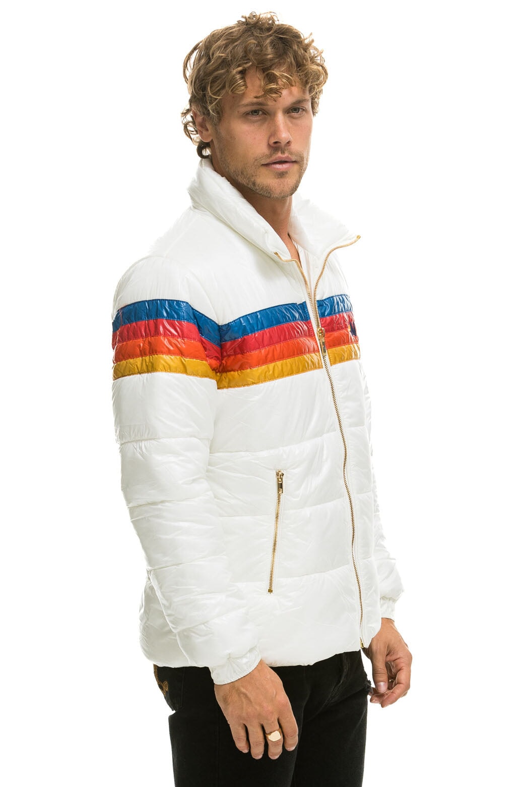 5 STRIPE LUXE APRES PUFFER JACKET - GLOSSY WHITE - Aviator Nation