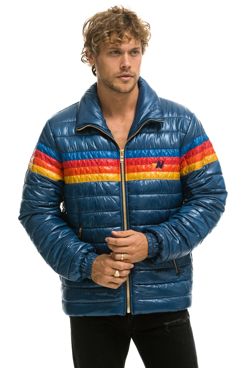 Aviator Nation 4 Stripe Traveler Jacket Glossy Deep Blue L